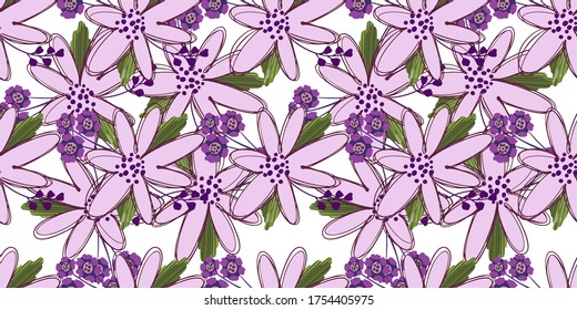 Simple cute floral bouquet vector pattern with small and medium flowers and leaves.