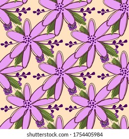 Simple cute floral bouquet vector pattern with small and medium flowers and leaves.