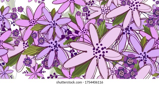 Simple cute floral bouquet vector pattern with small and medium flowers and leaves.