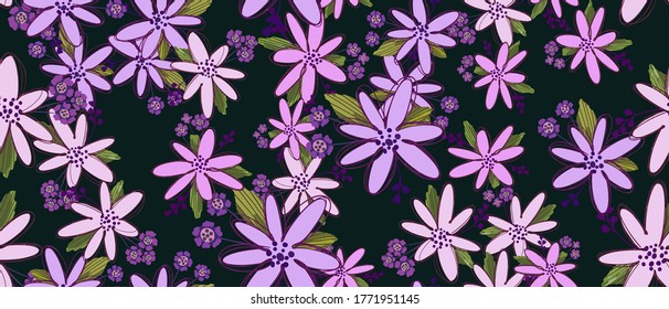 Simple cute floral bouquet vector pattern with small and medium flowers and leaves. 
For fashion prints. 
