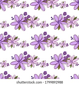 Simple cute floral bouquet vector pattern with small and medium flowers and leaves.