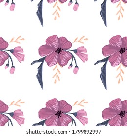 Simple cute floral bouquet vector pattern with small and medium flowers and leaves.