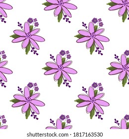 Simple cute floral bouquet vector pattern with small and medium flowers and leaves.