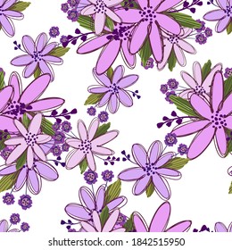 Einfach süßes Blumenstrauß, Vektormuster mit kleinen und mittleren Blumen und Blättern.