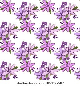 Simple cute floral bouquet vector pattern with small and medium flowers and leaves.