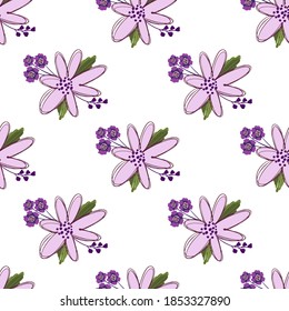 Simple cute floral bouquet vector pattern with small and medium flowers and leaves.
