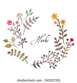 Simple and cute floral oval wreath with autumn branches and leaves. Vectorized watercolor drawing.