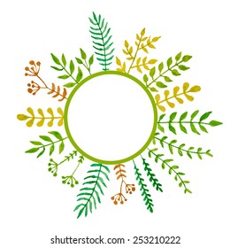 Simple and cute floral oval wreath with autumn branches and leaves. Vectorized watercolor drawing.