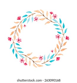 Simple and cute floral oval wreath with flowers and leaves. 