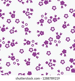 Simple cute floral pattern. White background, small lilac flowers. Good print for textiles, banner, packaging, postcard.