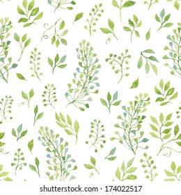 Simple and cute floral seamless pattern. Spring branches and leaves. Vectorized watercolor drawing.