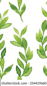 Simple and cute floral seamless pattern. Spring branches and leaves isolated on white background. Vectorized watercolor drawing.