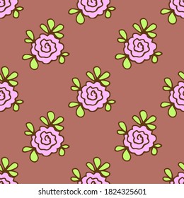 Simple cute floral vector seamless pattern in rural style. Small pink flowers on a brown background. For prints of fabric, textile products, clothing, linen, tablecloth, postcards.