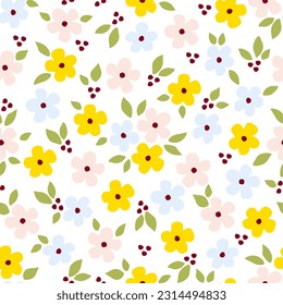 Simple cute floral vector seamless pattern. Small flowers, leaves on a white background. For fabric prints, textile products.