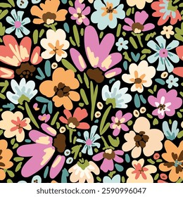 Simple cute floral vector seamless pattern. Meadow flowers on a black background. For fabric prints, textile products, summer clothes.