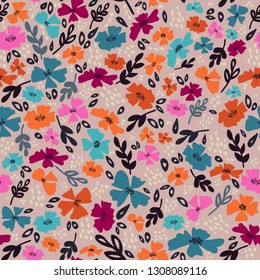 Simple cute flower pattern. Vector hand drawing romantic flowers seamless pattern background. Spring floral template.