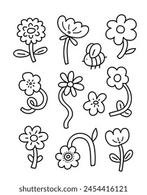 Simple cute flowers in doodle style. Vector hand drawn black line design elements. Botanical hand drawn sketch. Flower clip art for  coloring book