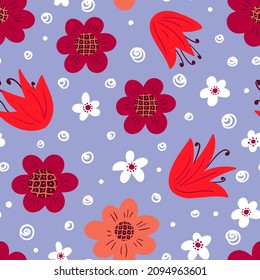 Simple cute flowers on a blue background. Seamless vector pattern. Vector illustration.