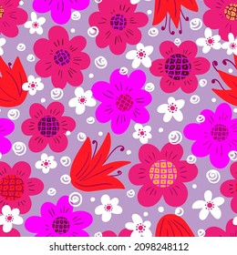 Simple cute flowers on a blue background. Seamless vector pattern. Vector illustration.