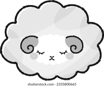 Simple and cute fluffy sheep with closed eyes (front) black and white