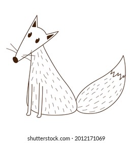 A simple cute fox. A forest wild mammal. Decorative element with an outline. Doodle, hand-drawn. Black white vector illustration. Isolated on a white background