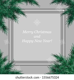 Simple and cute frame with fir branches, snowflakes and text on gray isolated background. Suitable for cards, invitation Christmas and New Year.