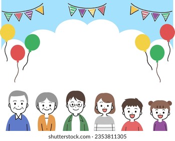 A simple and cute frame illustration of a three-generation family of garland and balloons