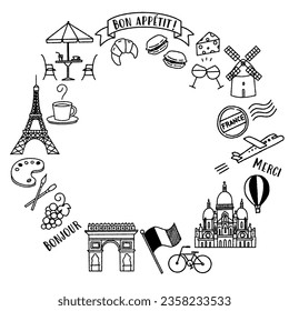 Simple and cute frame of illustrations related to France (monochrome)