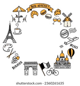 Simple and cute frame of illustrations related to France (yellow)