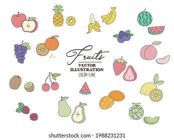 Simple and cute fruit line illustration (strawberry, apple, lemon , peach, watermelon, orange, banana , Cherry, Raspberry, Blueberry, Kiwi,  La France)