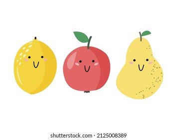 Simple cute fruits with smile illustration. Minimal flat style cartoon characters isolated on white background.