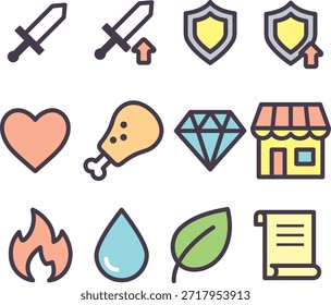 Conjunto de ícones simples e bonito relacionados ao jogo. Armas, armaduras