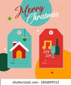 Simple and Cute Geometric Christmas House, Music, Glass, Bottle for Christmas Tags and Labels, Perfect for Christmas Present Tags.