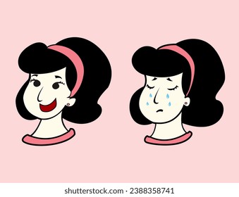 a simple cute girlwoman expression, happy and sad at the moment