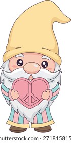 Gnomo lindo simple que sostiene un corazón rosado Pequeño, carácter minimalista estético del día de San Valentín del pastel de los años 80, ilustración romántica de los Colores suaves para las impresiones digitales del arte.