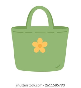 Simple cute green beach bag with yellow flower decoration in cartoon flat style.