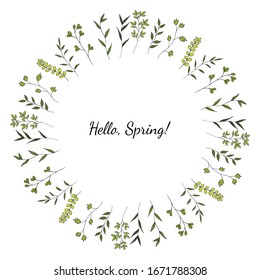 Simple cute green branches and leaves in doodle style. Decorative wreath. Isolated object on a white background. Hand drawing.