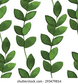 Simple and cute green watercolor leaves seamless vector pattern. Spring branches and leaves isolated on white background. Vectorized watercolor drawing.