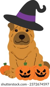 Simple and cute Halloween illustration of Shar-Pei dog flat colored
