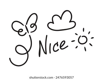 Simple And Cute Hand Drawn Doodles, Featuring A Sun, Cloud, Butterfly, And The Word nice Isolated On White Background