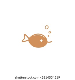 A simple and cute hand drawn fish icon in orange with small bubbles floating above it isolated on a white background