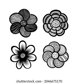 Simple and cute hand drawn flowers with patterns. Black and white shapes collection. Vector illustration.