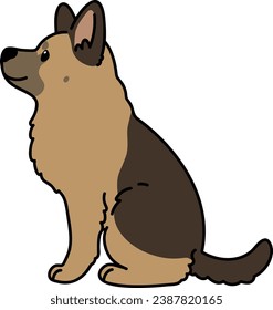 Simple and cute hand drawn German Shepherd dog sitting in side view illustration