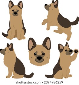 Simple and cute hand drawn German Shepherd dog illustrations set flat colored