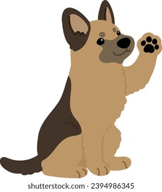 Simple and cute hand drawn German Shepherd dog waving hand illustration flat colored