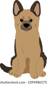 Simple and cute hand drawn German Shepherd dog sitting in front view illustration flat colored