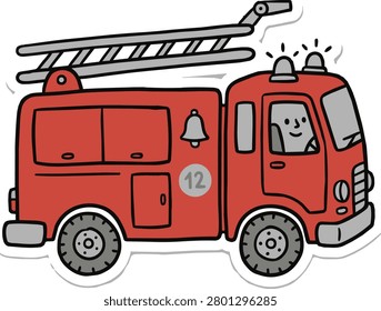 A simple and cute hand drawn illustration of a red fire truck. This doodle style vehicle features a ladder, flashing lights, a bell, and a happy driver.