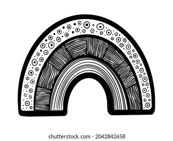 Simple and cute hand drawn rainbow with ornament. Black and white isolated shape. Vector illustration.