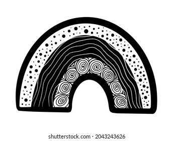 Sencillo y lindo arco iris dibujado a mano con adorno. Forma aislada en blanco y negro. Ilustración vectorial.
