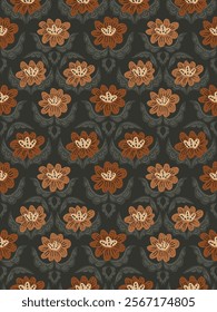 Simple cute hand painted flowers with ethnic Indian motifs in neutral earth palette of brown, orange and grey on black background. Ethnic floral seamless vector pattern. Great for home decor, fabric.